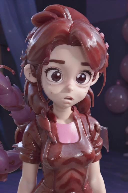 1girl, Jellymage, claymation, at a restaurant eating a watermelon, 80's anime style <lora:TFMJellyMage:0.8>, jumpsuit, very long hair