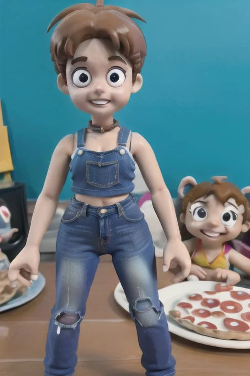 claymation, 80's anime style,  dirty room with homework, dirty clothes, shelves with action figures, old pizza boxes, plates, trash can, stuffed animals on a bed,  <lora:TFM_MiniJam:0.4> TFM_Minijam wearing jeans and a tanktop