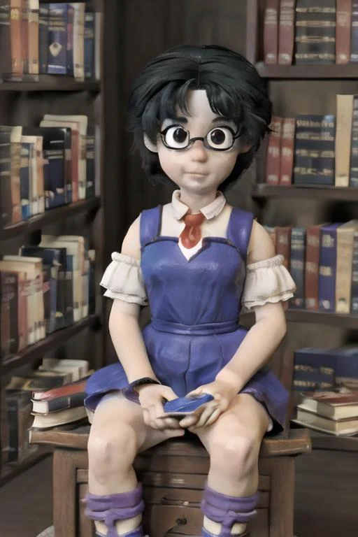 1girl, claymation, , 80's anime style, <lora:TFM_TALIM:0.6> sitting in a temple praying, books, library