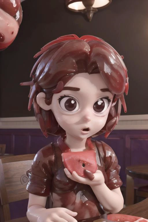 1girl, Jellymage, claymation, at a restaurant eating a watermelon, 80's anime style <lora:TFMJellyMage:0.8>