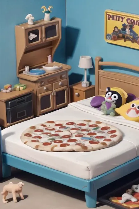 claymation, 80's anime style,  dirty room with homework, dirty clothes, shelves with action figures, old pizza boxes, plates, trash can, stuffed animals on a bed