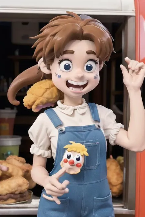 claymation, 80's anime style,
lora:TFMJellyMage:0.8> JellyMage at a food truck, eating fried chicken, wearing overalls, dripping, puddle, very long ponytail