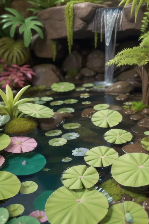 claymation, 80's anime style, waterfall with fish and lilypads, water petals floating in the water, moss, ferns, 1girl