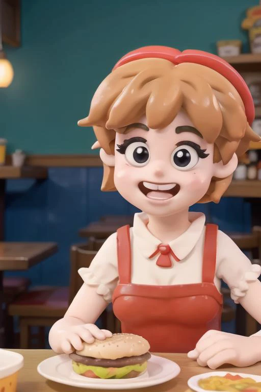 1girl, claymation, at a restaurant eating a cheeseburger, 80's anime style