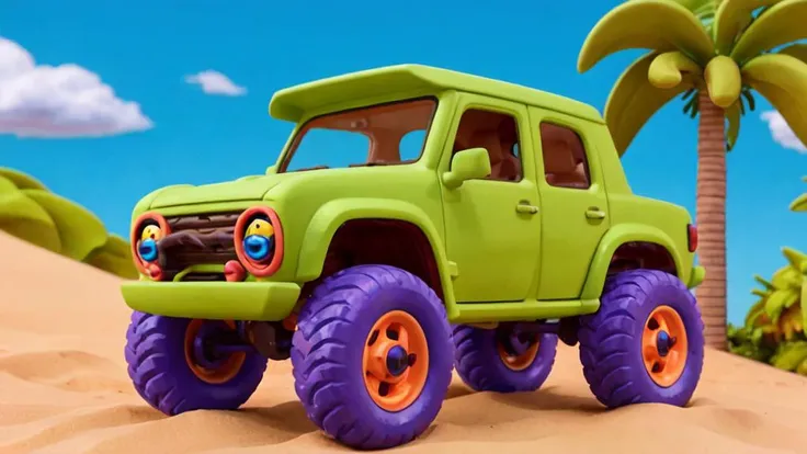 4x4 Big Wheel Monster Car Toy for Kids on the dunes of a desert island, waves, foam, ocean, palmtrees, rocks
(realistic:1.2)
(claymation:0.4)
(80's anime style:0.5)