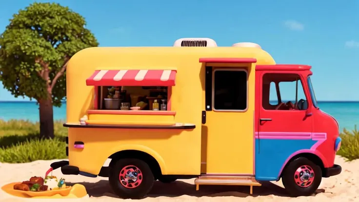 simple design, pixar style,
Food Truck on a beach
two men drink a beer leaning against the body of a food truck
claymation
80's anime style