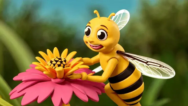 close-up of a bee foraging a flower
claymation
80's anime style