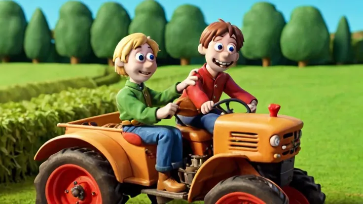 Wallace and Gromit are driving a tractor through a cornfield, scarecrow
claymation
80's anime style