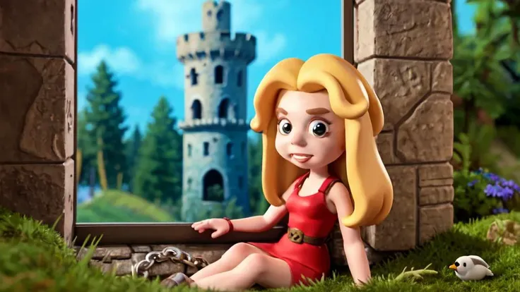 princess with very long blond hair, leaning at the only window of the dungeon where she is prisoner
exposed stone wall, moss, chains, birds, trees, grass, view from outside, (tower dungeon:1.3)
(realistic:1.2) 
(claymation:0.4)
(80's anime style:0.5)