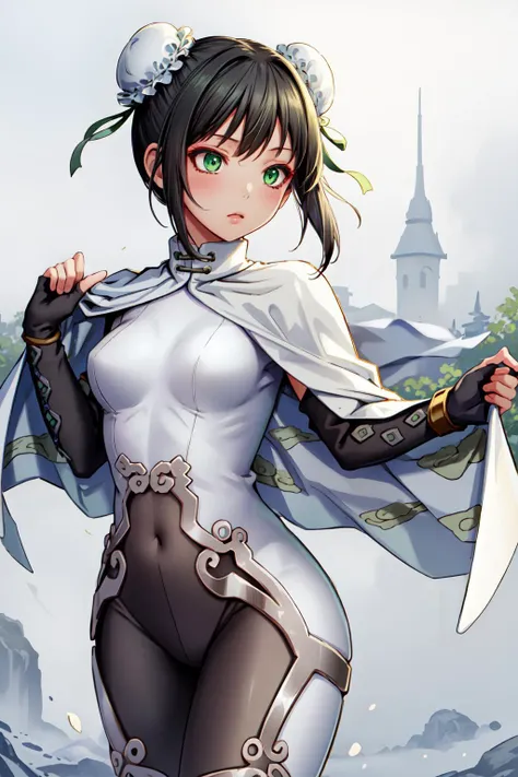 (masterpiece, best quality), intricate details,
1girl, <lora:qin liangyuV1:0.8> qin liangyu, bun cover, double bun, green ribbon, green eyes, black hair, short hair, sidelocks, bodysuit, white cape, fingerless gloves,