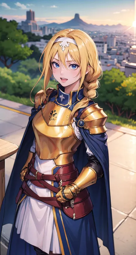 ((masterpiece,intricate details)),1girl,mature female,Long hair with natural waves,,brown eyes,:d,medium breasts
BREAK
alicezuberg, <lora:alicezubergtest:1>, alice zuberg, bangs, blue eyes, blonde hair, hair between eyes, very long hair, braid, hairband, white hairband,, BREAK dress, cape, armor, blue dress, shoulder armor, gauntlets, pauldrons, breastplate, armored dress, faulds, blue cape, knight, gold armor, body armor
BREAK
brilliant shades of orange and yellow during sunrise at South Africa's Table Mountain, overlooking Cape Town,,,from above:,,depth of field,looking at viewer