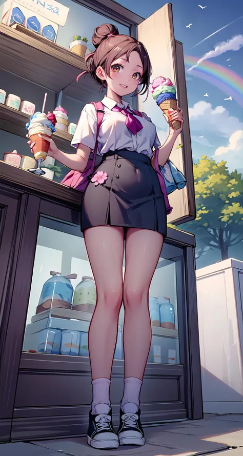 (masterpiece),(intricate details),1girl,mature female,brown eyes,Top knot, ,large breasts
BREAK
school uniform,ribborn,pencil skirt,socks,converse,depth of field,looking at viewer,random view,((standing on the , Protected_area_for_bird_conservation,)),((full body)),laughing
BREAK
day,sun,rainbow,flower,ice cream shop,((cumulonimbus)),from below:1.1