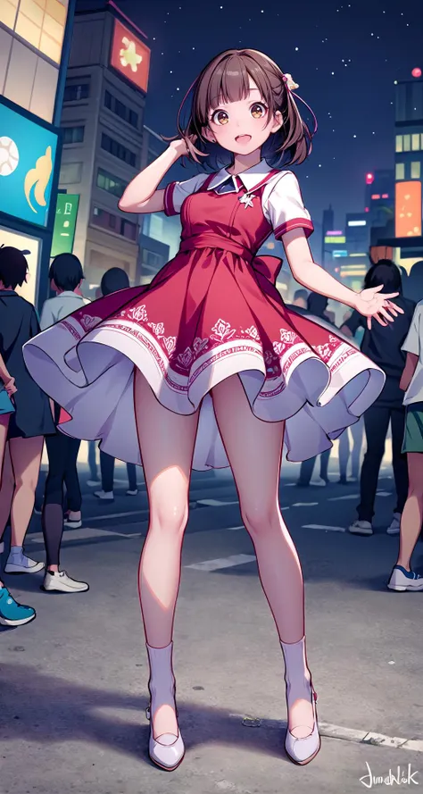 (masterpiece),(intricate details),1girl,pale skin,young girl,brown eyes,Long bold side bangs,,laughing,huge breasts:1.5
BREAK
short sleeves polo collar_dress OR Sparkling crystal-embellished sheath dress,socks,flat_shoes
BREAK
night,park,crowd:1.1,depth of field,looking at viewer,dynamic view,((legs apart)),((full body)),