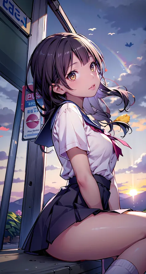 (masterpiece),(intricate details),1girl,mature female,brown eyes,Sleek long hair, ,large breasts
BREAK
school uniform,ribborn,pleated skirt,socks,converse,depth of field,looking at viewer,random view,((sit on the , High_point_with_a_view_of_the_sunset,)),((upper body)),laughing AND smoke
BREAK
day,sun,rainbow,flower,bus stop,((cumulonimbus)),from side:1.4,