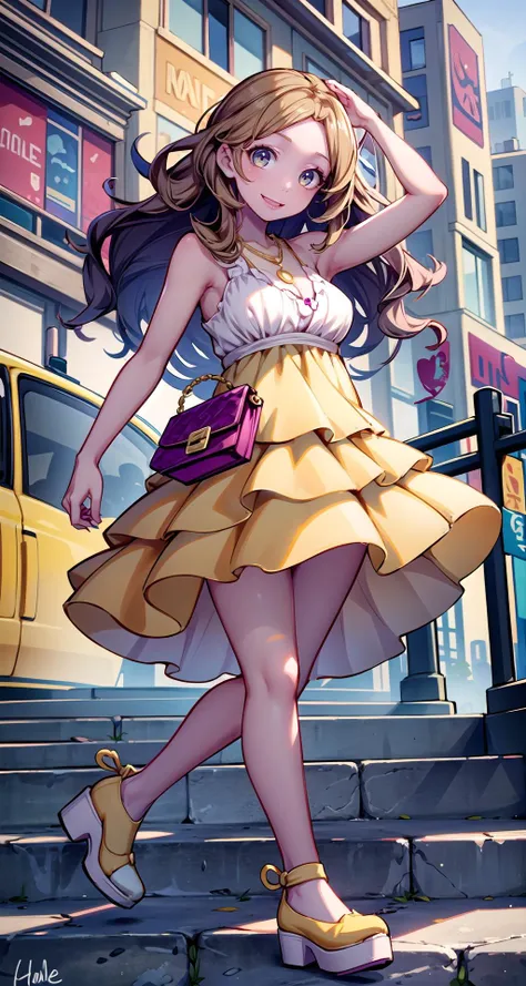 (masterpiece),(intricate details),1girl,pale skin,young girl,wavy hair,happy smile,huge breasts:1.5,, Yellow_floral_sundress, tan_platform_espadrilles, gold_layered_necklace, woven_clutch, cityscape,looking at viewer,dynamic pose