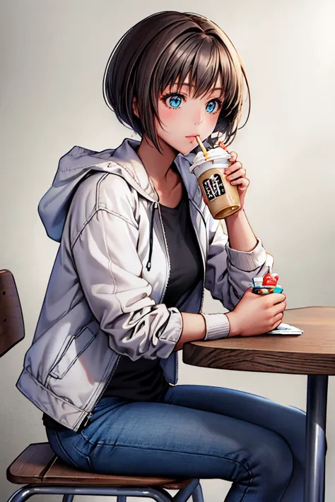 <lora:minatsukisaya-nvwls-v1:0.8> minatsukisaya, white jacket, open jacket, ((black shirt)), blue jeans
masterpiece, best quality, absurdres, cafe, drinking milkshake, sitting across table, looking