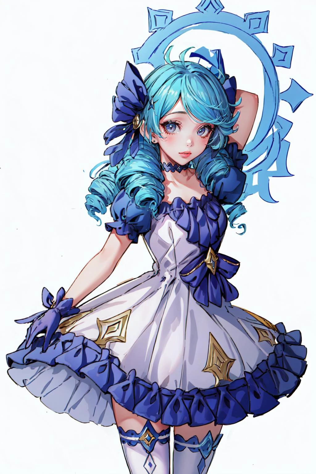 (masterpiece, best quality), intricate details,
1girl, <lora:Gwen:0.8> twin drills, frilled dress,ahoge, puffy sleeves, asymmetrical legwear,gloves,