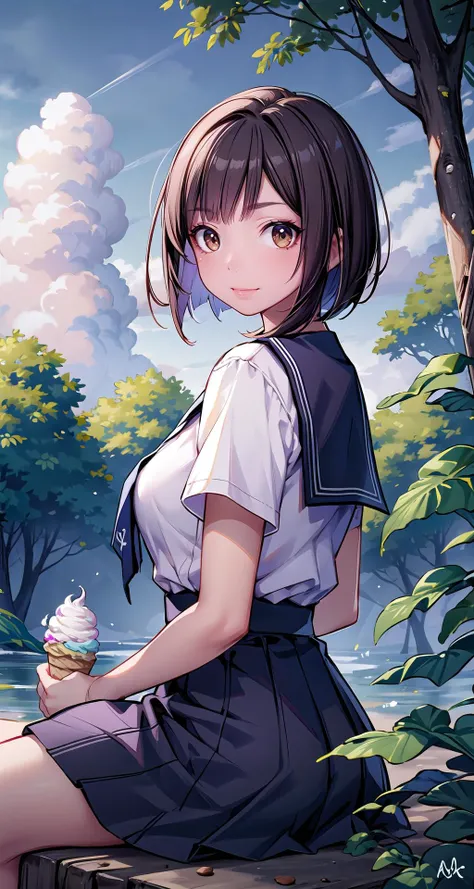 (masterpiece),(intricate details),1girl,mature female,brown eyes,bob cut, ,large breasts
BREAK
school uniform,ribborn,pleated skirt,barefoot,depth of field,looking at viewer,random view,((sit on the , A_forest_filled_with_a_variety_of_plants_and_trees,)),((upper body)),smirk
BREAK
day,sun,rainbow,flower,ice cream shop,((cumulonimbus)),from side:1.1