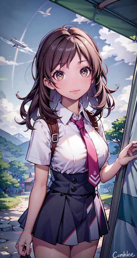 (masterpiece),(intricate details),1girl,mature female,brown eyes,wavy hair, ,huge breasts
BREAK
school uniform,necktie,pleated skirt,socks,converse,depth of field,looking at viewer,random view,((standing on the , Outdoor_area_for_camping_and_hiking,)),((upper body)),smirk AND smoke
BREAK
day,sun,rainbow,flower,bus stop,((cumulonimbus)),from above:1.1,
