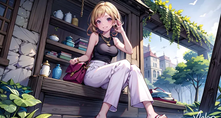 (masterpiece),(intricate details),1girl,pale skin,young girl,Voluminous afro,happy smile,large breasts:1.3,, Black_tank_top, white_wide-leg_linen_pants, black_sandals, black_shoulder_bag, gold_chain_necklace, park,looking at viewer,random angle