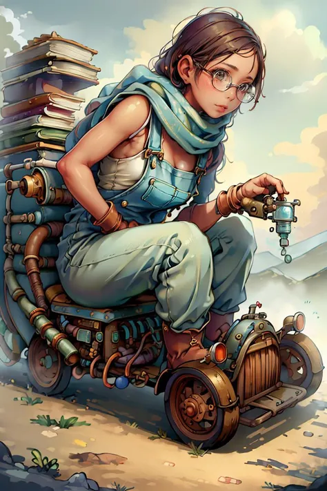 Manygaugesai, a beautiful portrait of 1 girl as a scientist working in a laboratory, glasses, overalls, triangle scarf, work gloves, boots, arms crossed, leans against a vehicle,
best quality, masterpiece, intricate details, (photo realistic:1.4), dream-like, <lora:SteamPunkBundleV3:1>
