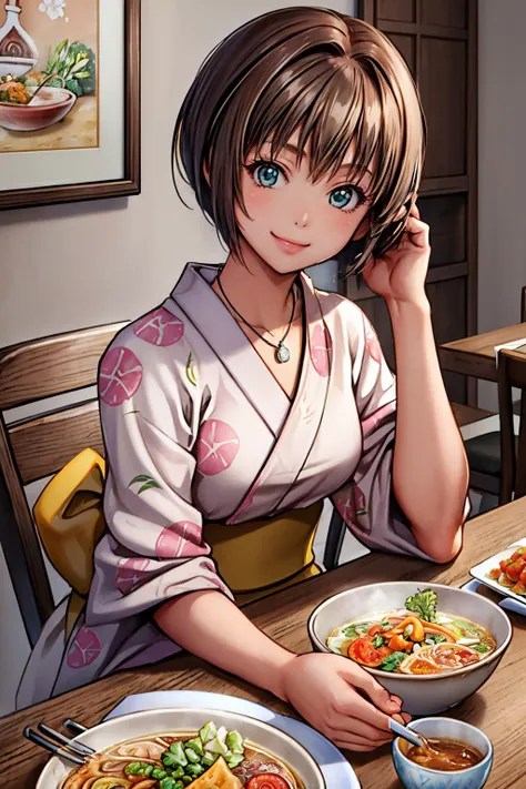 <lora:minatsukisaya-nvwls-v1:0.8> minatsukisaya, necklace, pink kimono
masterpiece, best quality, absurdres, restaurant, bowl of ramen, upper body, sitting across table, looking at viewer, smile