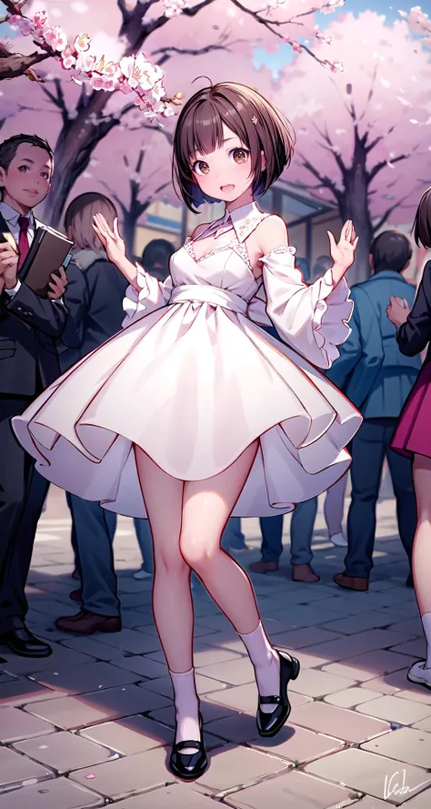 (masterpiece),(intricate details),1girl,pale skin,young girl,brown eyes,bob cut,,laughing,large breasts:1.5
BREAK
chiffon_dress ,socks,flat_shoes
BREAK
day,, A_street_lined_with_cherry_blossom_trees,,crowd:1.1,depth of field,looking at viewer,random pose,((standing)),((full body)),
