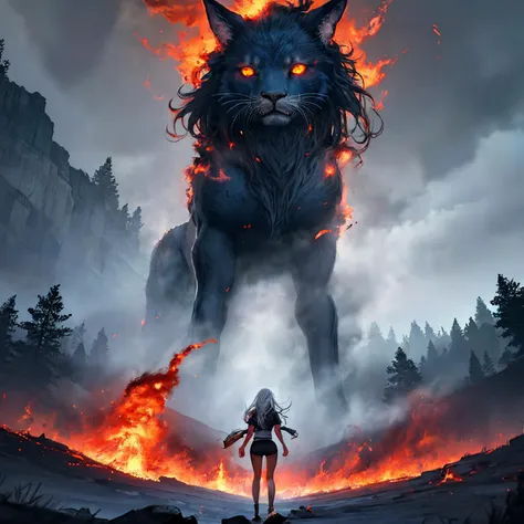 fire rages through a majestic forest pursuing a beautiful girl, white hair, defiant eyes, ragged gym clothes, landscape, epic and overwhelming, blue and heat theme, sinister, key visual