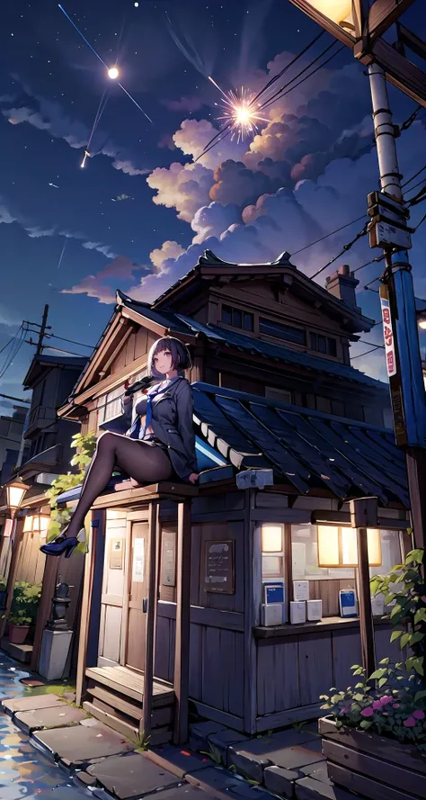 (masterpiece),(intricate details),1girl,mature female,brown eyes,bob cut, ,large breasts
BREAK
school uniform,necktie,pencil skirt,pantyhose,high heels,depth of field,looking at viewer,random view,((sit on the , herb_garden,)),((full body)),smile AND smoke
BREAK
moon,night,meteor,hanabi,bus stop,((cumulonimbus)),from above:1.4,