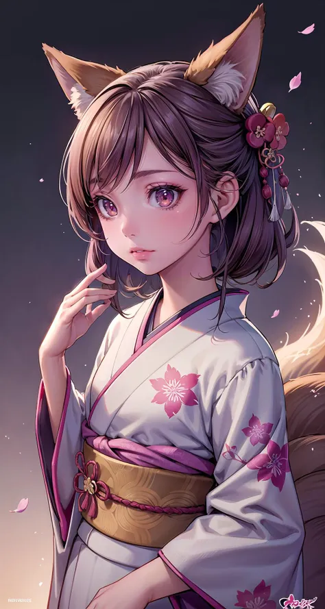 (masterpiece, top quality, best quality, official art, beautiful and aesthetic:1.3), (1girl:1.3), extreme detailed, colorful, highest detailed,((ultra-detailed)), (highly detailed CG illustration), ((an extremely delicate and beautiful)), cinematic light, petite, ((fox girl)), solo, (full body), (abstract art:1), ((Japanese theme)), (fox ears), (cherry blossoms),((nine tails)), body tattoo, active pose, over head lighting, portrait, glowing eyes, (exquisite kimono)