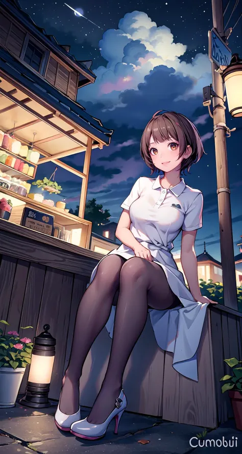 (masterpiece),(intricate details),1girl,mature female,brown eyes,Textured pixie cut, ,large breasts
BREAK
short sleeves polo collar dress,pantyhose,high heels,depth of field,looking at viewer,random view,((sit on the , Outdoor_gear_store,)),((full body)),smirk
BREAK
moon,night,meteor,hanabi,ice cream shop,((cumulonimbus)),from above:1.4