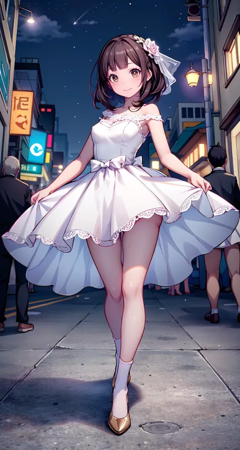 (masterpiece),(intricate details),1girl,pale skin,young girl,brown eyes,Voluminous afro,,happy smile,huge breasts:1.5
BREAK
chiffon_dress OR Convertible wedding dress,socks,flat_shoes
BREAK
night,street,crowd:1.1,depth of field,looking at viewer,dynamic view,((legs apart)),((full body)),