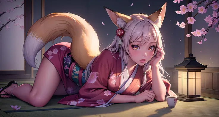 realistic, (masterpiece, top quality, best quality, official art, beautiful and aesthetic:1.3), (1girl:1.3), extreme detailed, colorful, highest detailed,((ultra-detailed)), (highly detailed CG illustration), ((an extremely delicate and beautiful)), cinematic light, petite, ((fox girl)), solo, (full body), (abstract art:1), ((Japanese theme)), (fox ears), (cherry blossoms),((nine tails)), body tattoo, active pose, over head lighting, portrait, glowing eyes, (exquisite kimono),looking at viewer,