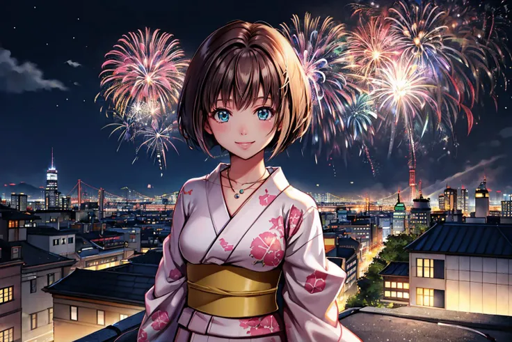 <lora:minatsukisaya-nvwls-v1:0.8> minatsukisaya, necklace, pink kimono
masterpiece, best quality, absurdres, night, moon, city, rooftop, ((fireworks)), looking at viewer, smile
