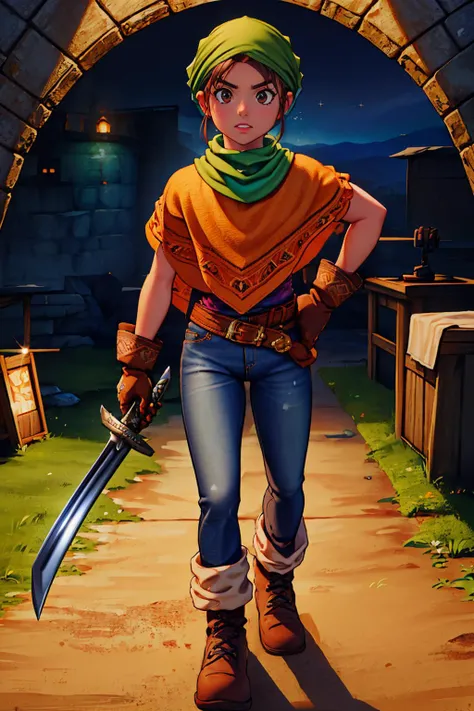 <lora:Toan-11v2:0.8> Toan, short brown hair, thick eyebrows, D-Outfit, orange poncho, denim jeans, green bandana, crested brown gloves, brown boots, belt, white shirt,
masterpiece, best quality, absurdres, dungeon, cave, <lora:UnlimitedBladeWorks1.6:0.9> holding, weapon, holding weapon, holding katana, KatanaOneHand, Unlimited Blade Works