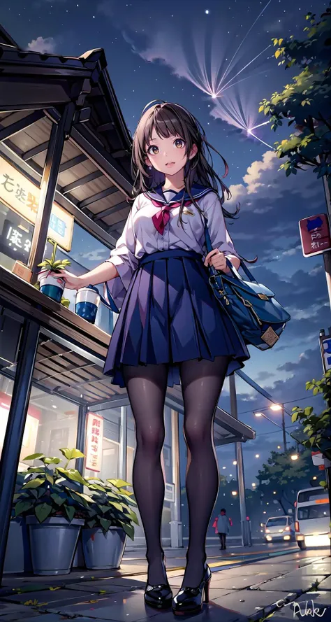 (masterpiece),(intricate details),1girl,mature female,brown eyes,Sleek long hair, ,large breasts
BREAK
school uniform,ribborn,pleated skirt,pantyhose,high heels,depth of field,looking at viewer,random view,((standing on the , Outdoor_garden_with_a_variety_of_herbs,)),((upper body)),laughing AND smoke
BREAK
moon,night,meteor,hanabi,bus stop,((cumulonimbus)),from below:1.2,