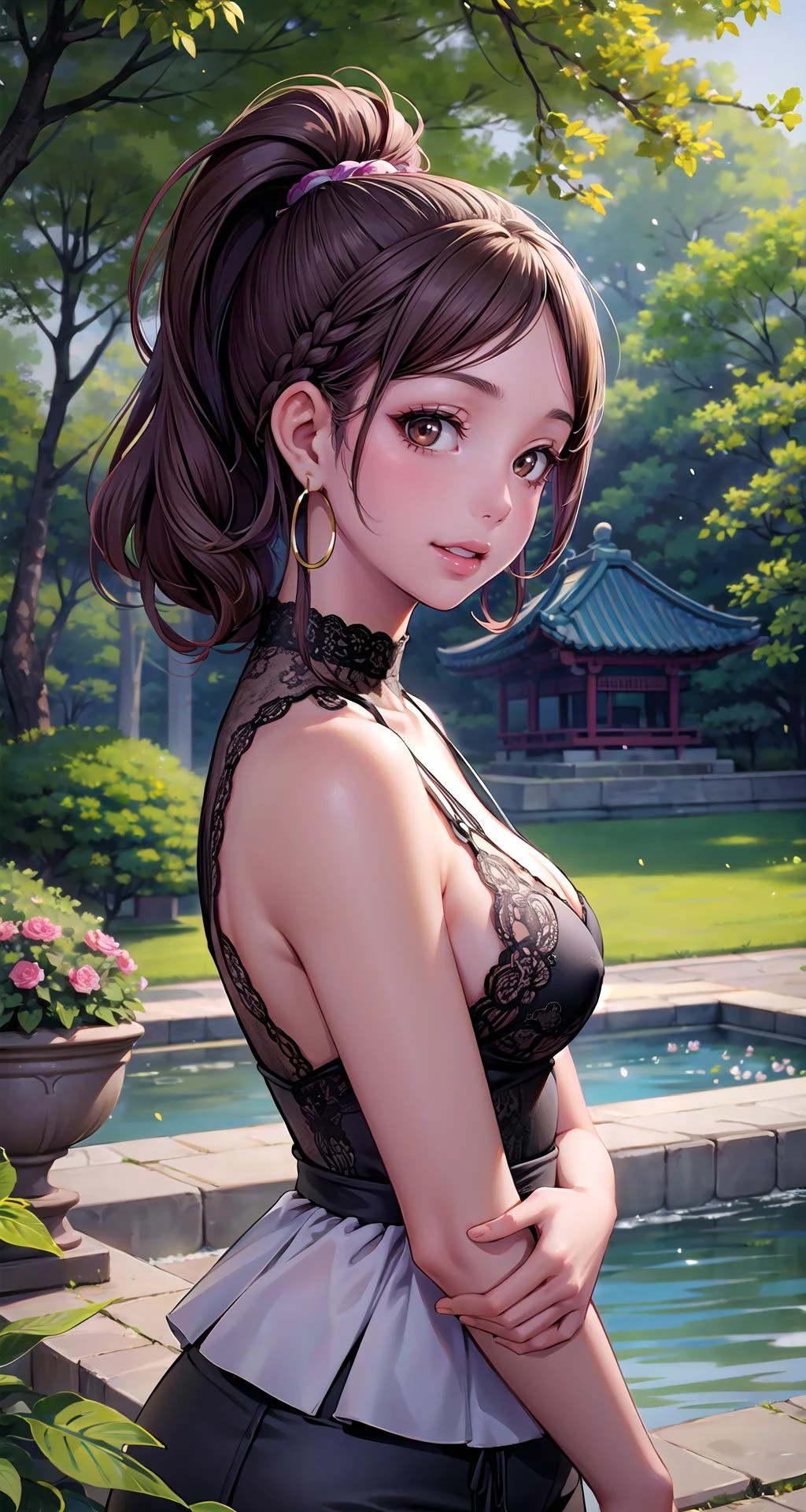 (masterpiece),(intricate details),1girl,pale skin,mature female,Braid,laughing,large breasts:1.3 BREAK , Black_see-through_bodysuit, black_shorts, black_lace-up_boots, black_hoop_earrings, (masterpiece, ultra high res, best quality:1.3), (Chocolate brown eyes:1.3), (yellowish-brown skin tone:1.1), Curly side-swept ponytail, Beige brown hair, excited, medium breasts, wide shot, upper body, girl, cleavage, South Korea, Tourism, Changdeokgung Palace Secret Garden in Seoul, a serene and picturesque royal garden with ponds, pavilions, and walking trails.,,((upper body)) BREAK looking at viewer,random angle