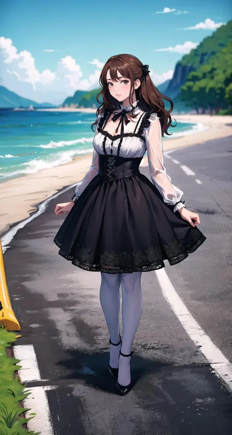 ((masterpiece,intricate details)),1girl,mature female,Sleek long hair,,brown eyes,:3,,
BREAK
lolita_dress,white pantyhose,high heels
BREAK
, Kayaking_tour_along_the_coast,,((full body)),from ,:,,depth of field,looking at viewer,