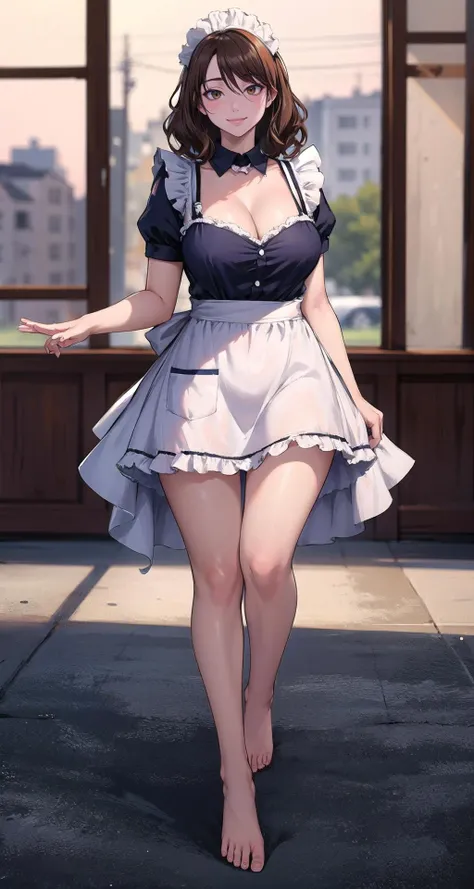 ((masterpiece,intricate details)),1girl,mature female,messy hair,,brown eyes,smile,large breasts
BREAK
maid,maid apron,panty,barefoot,toe,soles
BREAK
, Dance_studio,,((full body)),from ,:1.25,depth of field,looking at viewer,