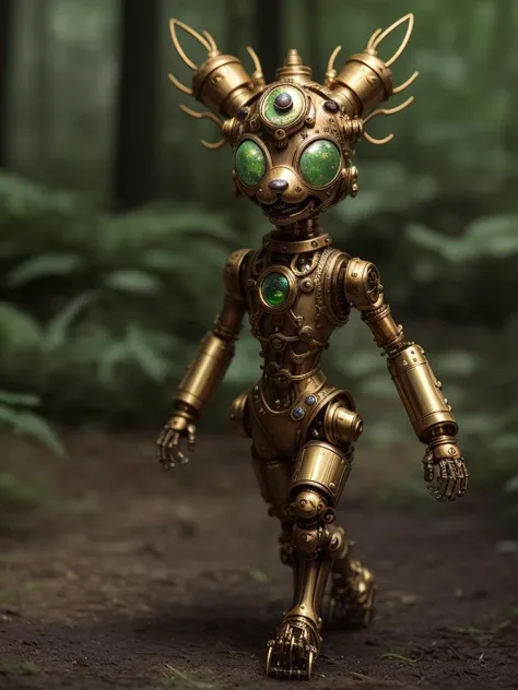 a small adorable mechanical steampunk four-legged creature made of an intricate mix of shiny brass, dull copper and glimmering silver, walking in a lush green forest. [:intricate details:0.3] it has yellow opal eyes. 54