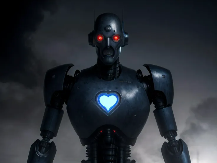 Horror-themed, macro shot, Heart-Shaped Face, Protruding Eyes, eye colors Blue, snub-nosed nose, protruding upper lip, flat cheeks, long chin, a large, metallic robot with glowing blue eyes standing in front of a large, industrial-looking building with smokestacks. The robot is wearing a pair of goggles on its head and has a large, metallic arm extended in front of it, dynamic background jzcg035, scenery, outdoors, a dimly lit 3 Ships With The Most Cargo Space, dynamic background a full moon is shining brightly in a foggy night, extremely detailed face eyes lips, perfect feets, perfect hands, (masterpiece), (best quality:1.0), (ultra highres:1.0), (photorealistic:1.4),,, Eerie, unsettling, dark, spooky, suspenseful, grim, highly detailed <lora:JZCG035-Game City:0.8>