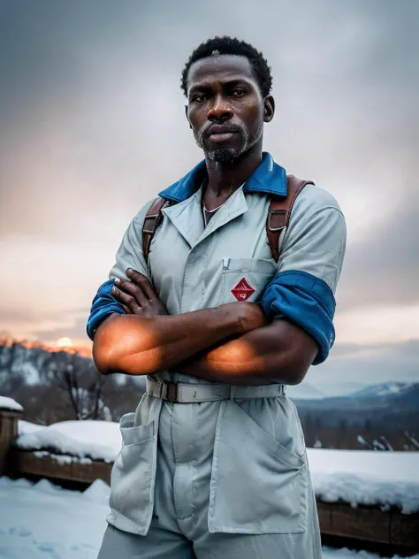 RAW photo of (man:1.6), highly realistic, masterpiece, absurdres, intricate, highly detailed, shot on Hasselblad X1D II, sideways, 
(man:(uganda,skin color medium brown + Pear-Shaped Face, Recessed Eyes, [eye color amber], Nose with an Arched Bridge Shape, protruding upper lip, flat cheeks, pointed chin + laying head over crossed arms and legs spread open + wearing [Post-apocalyptic, shabby Medic Uniform: White, stained lab coat, simple blue jumpsuit, practical rubber boots, latex gloves, medical bag, surgical mask.])),
dynamic background a primitive tribe huddled around a fire in a snowy prehistoric landscape, extremely detailed face eyes lips, Ektar 100, 85mm f1.1, analogue,  <lora:shendan v2:1> shuijingqiu, snow globe,
