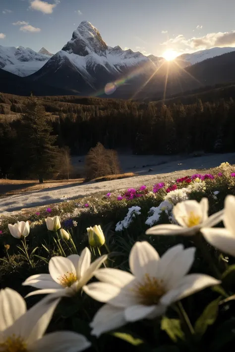 cinematic film still Snow-capped mountains, flowers and moos, sunrise, sunrays, white clouds,lens flare, low wide angle,, (sharpness in detail:1.1), Canon EOS 5D Mark IV, masterpiece, 35mm photograph, (iconic photograph:1.4), (visual storytelling:1.2), film grain, award winning photography,vibrant use of light and shadow, vivid colors,high quality textures of materials, volumetric textures perfect composition, dynamic play of light, rich colors, epic shot, . shallow depth of field, vignette, highly detailed, high budget, bokeh, cinemascope, moody, epic, gorgeous, film grain, grainy