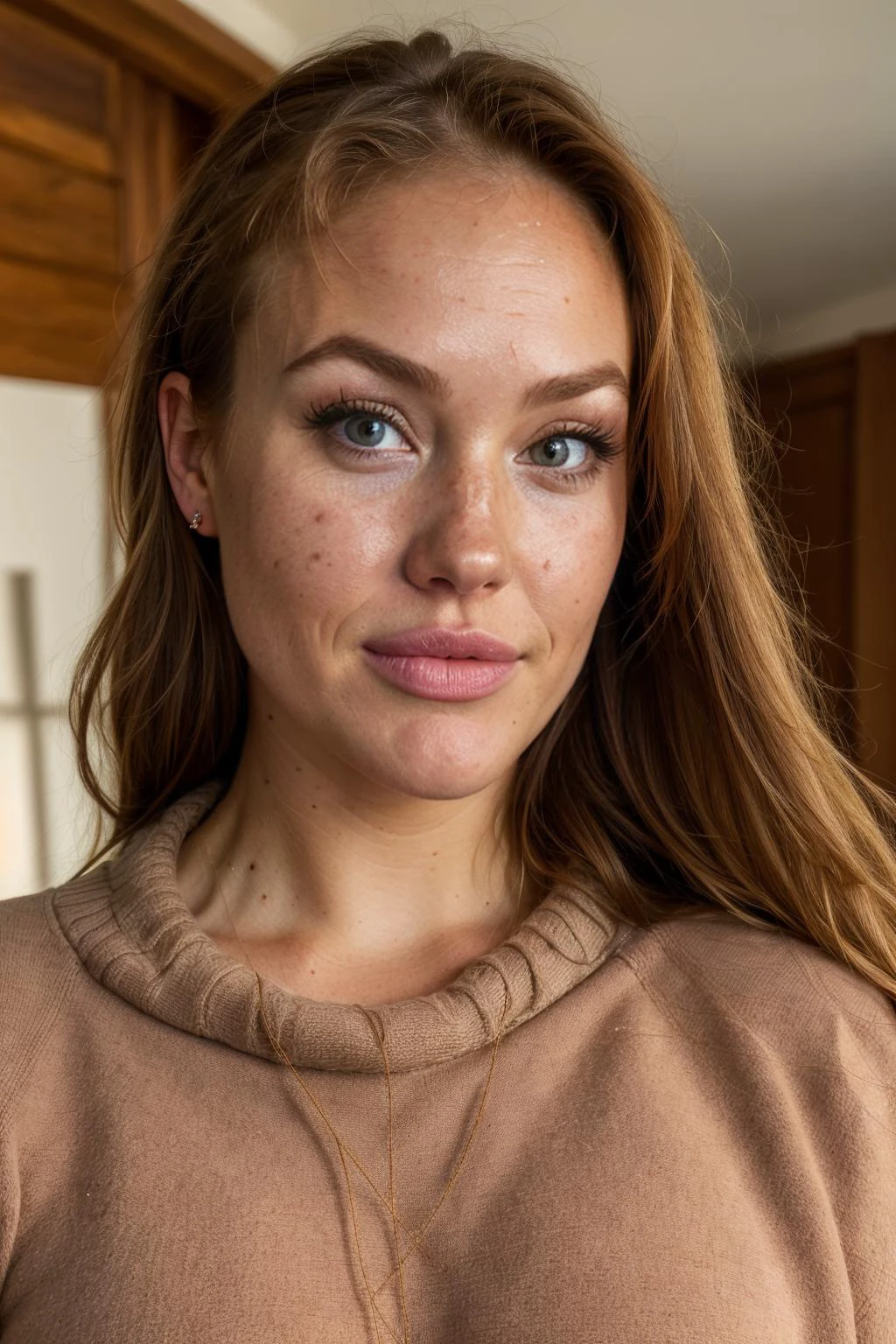 extreme close portrait of bamb1_d03 wearing a thick woollen poloneck sweater, looking at the camera, dynamic lighting, photorealistic, high detail, detailed, masterpiece, 8k, highres, flawless, colour, professional
