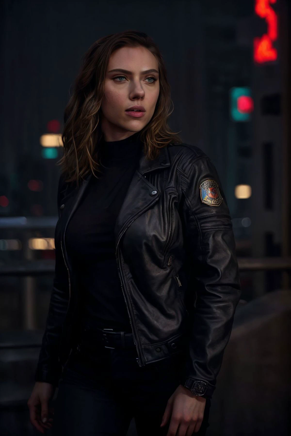 portret photo of scarlett , in cyberpunk city at night. She is wearing a leather jacket, black jeans, dramatic lighting, (police badge:1.2)(realistic, epic character composition, by ilya kuvshinov, alessio albi, nina masic, sharp focus, natural lighting, subsurface scattering, f2, 35mm, film grain, artistic photography, beautiful, masterpiece, hyperdetailed)
<lora:Scarlett4:1> scarlett