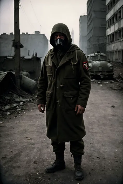 war photography, full body shot, poland, special forces operator, modern soldier gear, gas mask with filters and pipes, (olive and tattered hooded coat:1.4), large backpack, in dead soviet city, (s.t.a.l.k.e.r.:1.2), post apocalyptic mood,, (1960's war mood, analog, high contrast, hard shadows, vignetting, by Eddie Adams, made with Asahi Spotmatic SP:1.45)