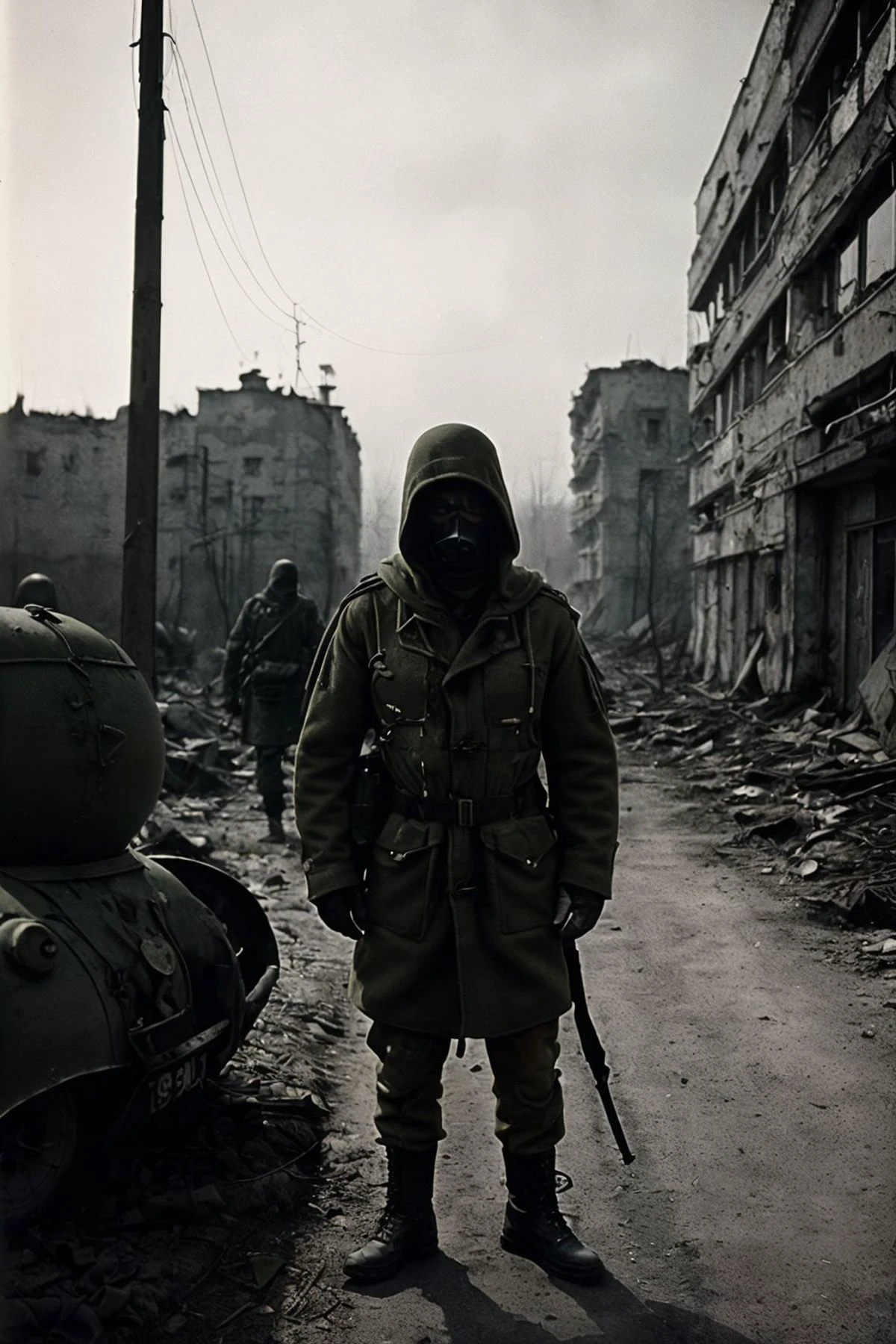 war photography, full body shot, poland, special forces operator, modern soldier gear, gas mask with filters and pipes, (olive and tattered hooded coat:1.4), large backpack, in dead soviet city, (s.t.a.l.k.e.r.:1.2), post apocalyptic mood,, (1960's war mood, analog, high contrast, hard shadows, vignetting, by Eddie Adams, made with Asahi Spotmatic SP:1.45)