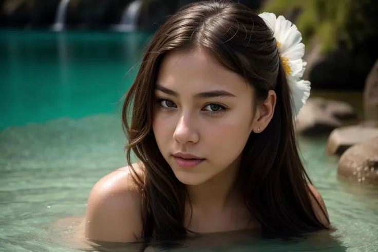 Sensu Create a realistic photo of a girl spring rose hair shoulder length wavy hair girl sitting in the water Dressed in white bikini with tropical plants in the background, photo taken in close-up digital  