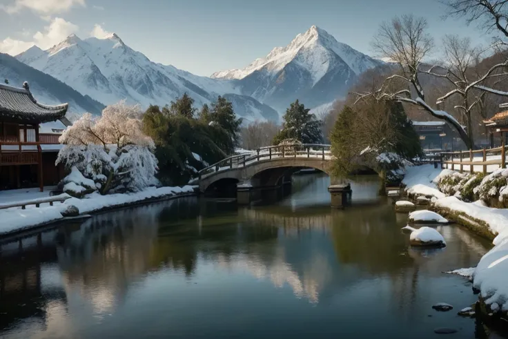 masterpiece, best quality, high quality, extremely detailed CG unity 8k wallpaper, classical chinese garden, scenery, amsterdam, winter,((snowing)),outdoors, sky, day, landscape, water, tree, blue sky, waterfall, nature, lake, river, cloudy sky,award winning photography, Bokeh, Depth of Field, HDR, bloom, Chromatic Aberration ,Photorealistic,extremely detailed, trending on artstation, trending on CGsociety, Intricate, High Detail, dramatic, art by midjourney