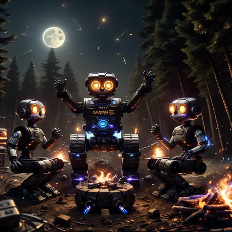 cybernetic robot wall-e running (walle), hyperrealistic photo of a group of friends, laughing, at a campfire, roasting marshmallows, friends gathering, chatting, a fire, marshmallows being roasted on sticks, in a clearing, in the moonlight, ultra detailed, android, AI, machine, metal, wires, tech, futuristic, highly detailed<lora:walle:1.0>